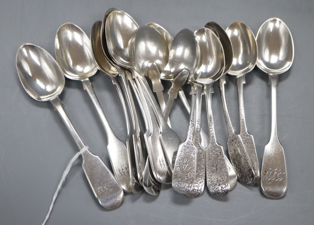A set of nine Victorian silver fiddle pattern teaspoons, Charles Boyton, London, 1859 & a set of 7 silver teaspoons.